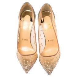 Pre Owned Christian Louboutin  Beige Mesh, Glitter And Leather Follies Strass  Pumps Size 36.5