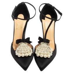 Pre Owned Christian Louboutin Black Satin Goyetta Embellished T Strap Pumps Size 38.5