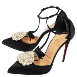 Pre Owned Christian Louboutin Black Satin Goyetta Embellished T Strap Pumps Size 38.5
