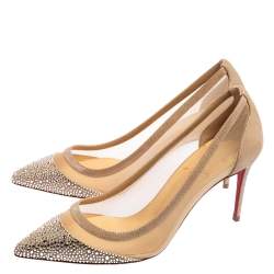 Pre Owned Christian Louboutin Beige Crystal Embellished Mesh And Suede Follies Strass Pumps Size 37