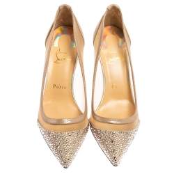 Pre Owned Christian Louboutin Beige Crystal Embellished Mesh And Suede Follies Strass Pumps Size 37