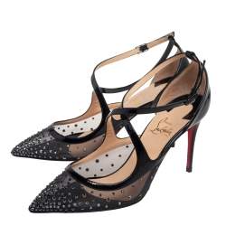Pre Owned Christian Louboutin Black Mesh And Patent Leather Twistissima Strass Sandals Size 37
