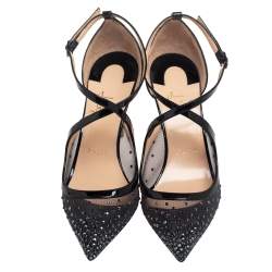 Pre Owned Christian Louboutin Black Mesh And Patent Leather Twistissima Strass Sandals Size 37