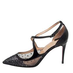 Pre Owned Christian Louboutin Black Mesh And Patent Leather Twistissima Strass Sandals Size 37