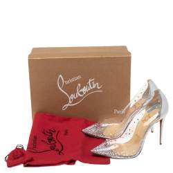 Pre Owned Christian Louboutin Silver Patent Leather And PVC Degrastrass Embellished Pumps Size 37.5