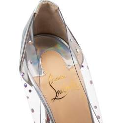 Pre Owned Christian Louboutin Silver Patent Leather And PVC Degrastrass Embellished Pumps Size 37.5