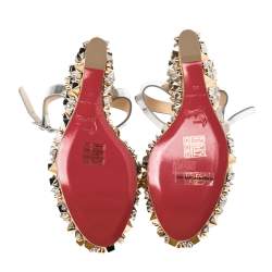 مملوكة مسبقًا Christian Louboutin Metallic Silver Leather And Fabric Studded Almeria Cork Wedge Sandals Size 38