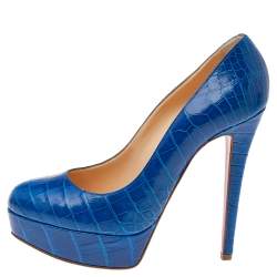 Pre Owned Christian Louboutin Blue Crocodile Leather Bianca 140 Platform Pumps Size 37