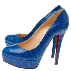 Pre Owned Christian Louboutin Blue Crocodile Leather Bianca 140 Platform Pumps Size 37