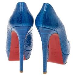 Pre Owned Christian Louboutin Blue Crocodile Leather Bianca 140 Platform Pumps Size 37