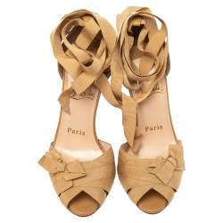 Christian Louboutin Beige Leather And Fabric Christeriva Ankle Wrap Sandals 35