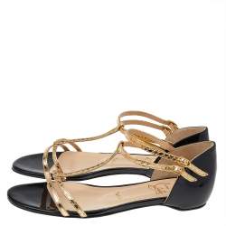 Pre Owned Christian Louboutin Gold/Black Patent And Leather Arnold Strappy Flat Sandals Size 36.5