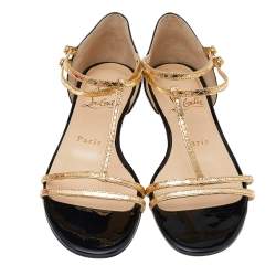 Pre Owned Christian Louboutin Gold/Black Patent And Leather Arnold Strappy Flat Sandals Size 36.5