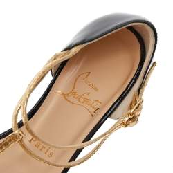 Pre Owned Christian Louboutin Gold/Black Patent And Leather Arnold Strappy Flat Sandals Size 36.5