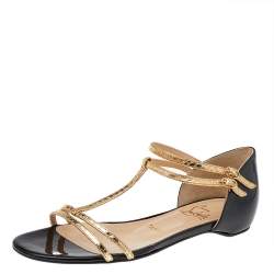 Pre Owned Christian Louboutin Gold/Black Patent And Leather Arnold Strappy Flat Sandals Size 36.5