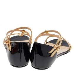 Pre Owned Christian Louboutin Gold/Black Patent And Leather Arnold Strappy Flat Sandals Size 36.5
