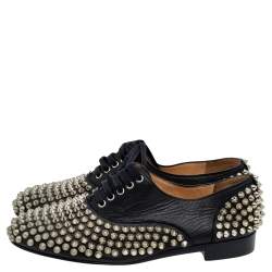 Pre Owned Christian Louboutin Black Leather Freddy Spike Lace Up Oxfords Size 36