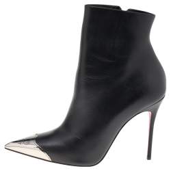 Pre Owned Christian Louboutin Black Leather Calamijane Pointed Toe Ankle Length Boots Size 37.5