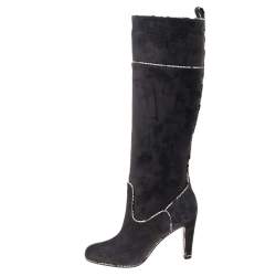 Christian Louboutin Dark Grey Suede And Snakeskin Trim Louloubotta Knee Length Boots Size 37