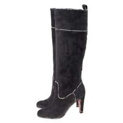 Pre Owned Christian Louboutin Dark Grey Suede And Snakeskin Trim Louloubotta Knee Length Boots Size 36