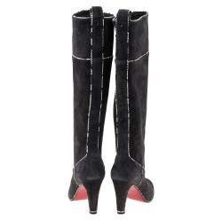 Pre Owned Christian Louboutin Dark Grey Suede And Snakeskin Trim Louloubotta Knee Length Boots Size 36