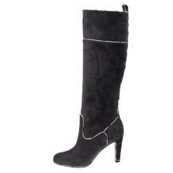 مملوكة مسبقًا Christian Louboutin Dark Grey Suede And Snakeskin Trim Louloubotta Knee Length Boots Size 37.5