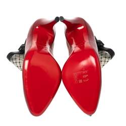 Pre Owned Christian Louboutin Red/Beige Mesh And Leather Fishnet Ankle Boots Size 37 