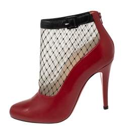 Pre Owned Christian Louboutin Red/Beige Mesh And Leather Fishnet Ankle Boots Size 37 