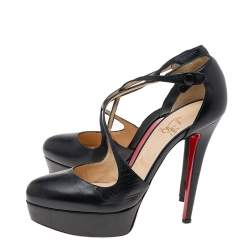 Pre Owned Christian Louboutin Black Leather Criss Cross Platform Pumps Size 37.5