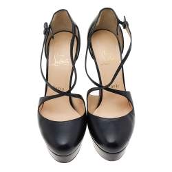Pre Owned Christian Louboutin Black Leather Criss Cross Platform Pumps Size 37.5