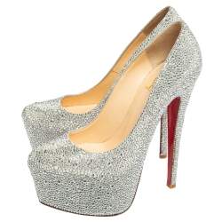 Pre Owned Christian Louboutin Silver Strass Daffodile Platform Pumps Size 37.5