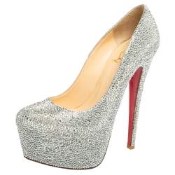 Pre Owned Christian Louboutin Silver Strass Daffodile Platform Pumps Size 37.5