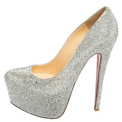 Pre Owned Christian Louboutin Silver Strass Daffodile Platform Pumps Size 37.5