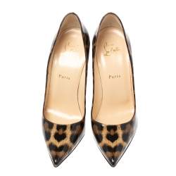 Pre Owned Christian Louboutin Beige/Brown Leopard Print Patent Leather So Kate Pumps Size 40