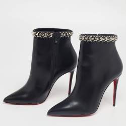 Pre Owned Christian Louboutin Black Leather Booty Chain Spiked Boots 37.5