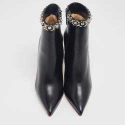 Pre Owned Christian Louboutin Black Leather Booty Chain Spiked Boots 37.5