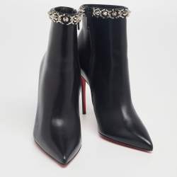 Pre Owned Christian Louboutin Black Leather Booty Chain Spiked Boots 37.5