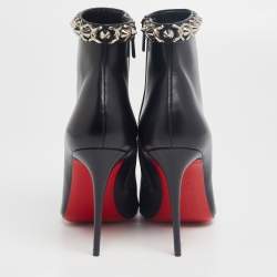 Pre Owned Christian Louboutin Black Leather Booty Chain Spiked Boots 37.5