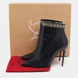 Pre Owned Christian Louboutin Black Leather Booty Chain Spiked Boots 37.5