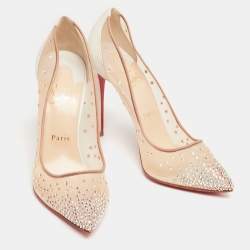 Pre Owned Christian Louboutin Beige Mesh Follies Strass Pumps Size 40
