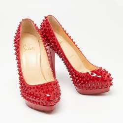 Pre Owned Christian Louboutin Red Patent Leather Pigalle Spikes Platform Pumps Size 38