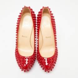 Pre Owned Christian Louboutin Red Patent Leather Pigalle Spikes Platform Pumps Size 38