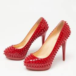 Pre Owned Christian Louboutin Red Patent Leather Pigalle Spikes Platform Pumps Size 38