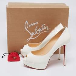 Pre Owned Christian Louboutin White Patent Leather Lady Peep Platform Pumps Size 39