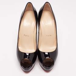 Pre Owned حذاء كعب عالي كريستيان لوبوتان ليدي جلد أسود لامع مقدمة مفتوحة نعل سميك مقاس 39