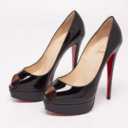 Pre Owned حذاء كعب عالي كريستيان لوبوتان ليدي جلد أسود لامع مقدمة مفتوحة نعل سميك مقاس 39