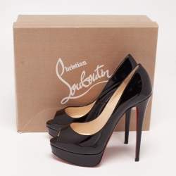 Pre Owned حذاء كعب عالي كريستيان لوبوتان ليدي جلد أسود لامع مقدمة مفتوحة نعل سميك مقاس 39