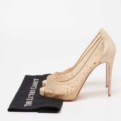 Pre Owned Christian Louboutin Beige Crystal Embellished Mesh and Laminated Suede Very Strass Peep-Toe Pumps Size 40