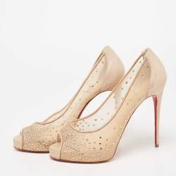 Pre Owned Christian Louboutin Beige Crystal Embellished Mesh and Laminated Suede Very Strass Peep-Toe Pumps Size 40