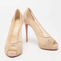 Pre Owned Christian Louboutin Beige Crystal Embellished Mesh and Laminated Suede Very Strass Peep-Toe Pumps Size 40